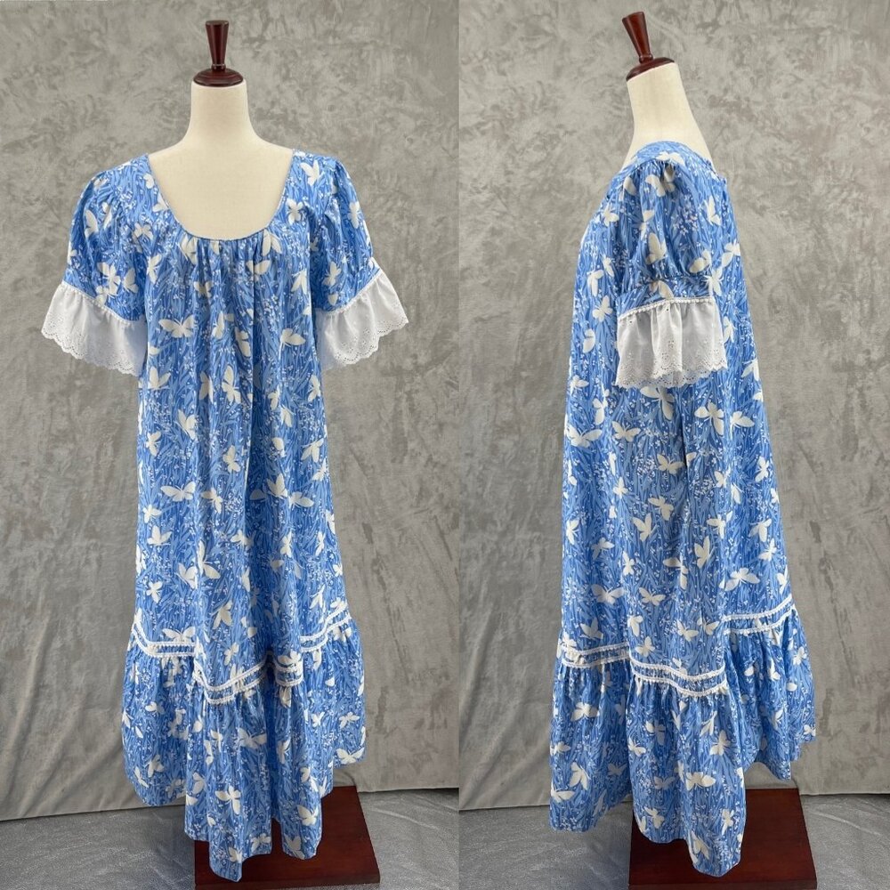 Hilda Hawaii Vintage 70s Butterfly Floral MuuMuu Midi Dress Aloha - Picture 2 of 16